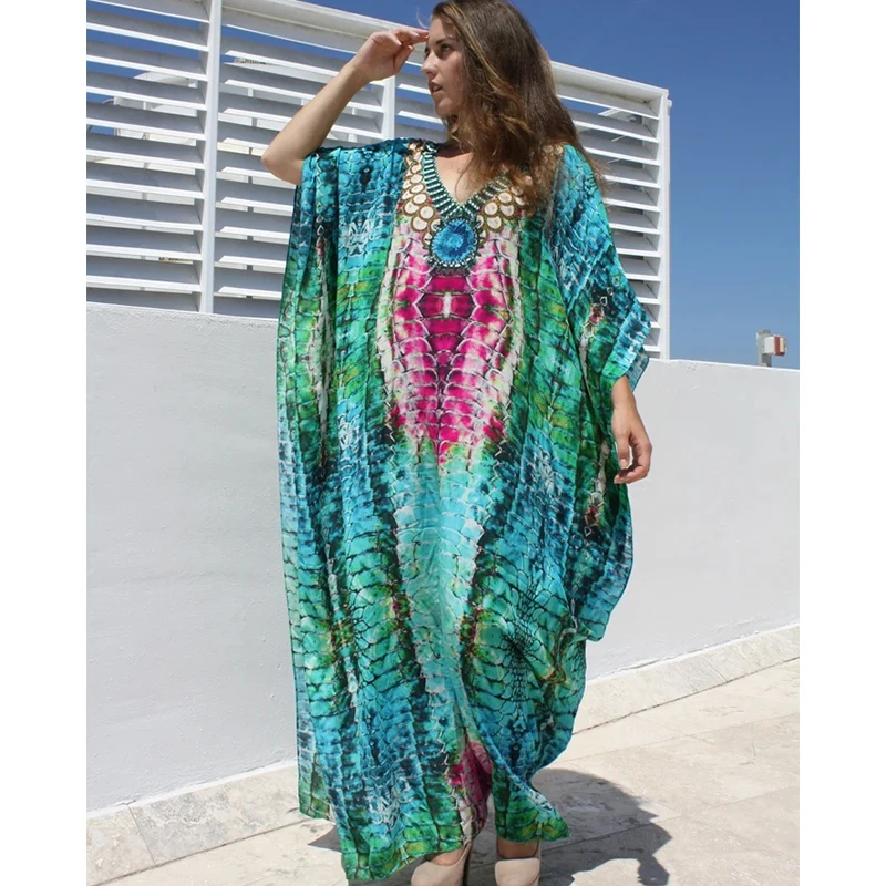 Пляжная накидка туники для пляжа шифоновый длинный кафтан с принтом на бикини