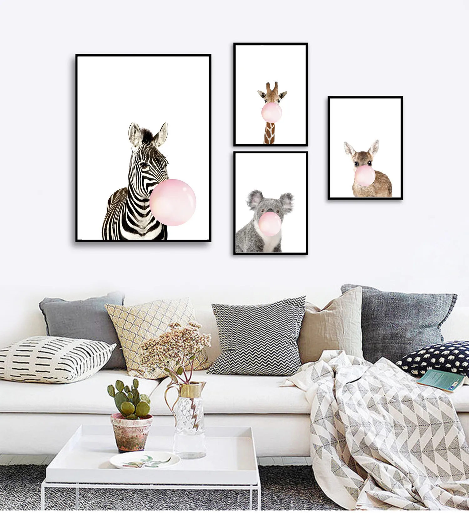

Nordic Modern Minimalist Cartoon Blowing Balloon Animal Zebra Giraffe Frameless Decorative Painting Living Room Core