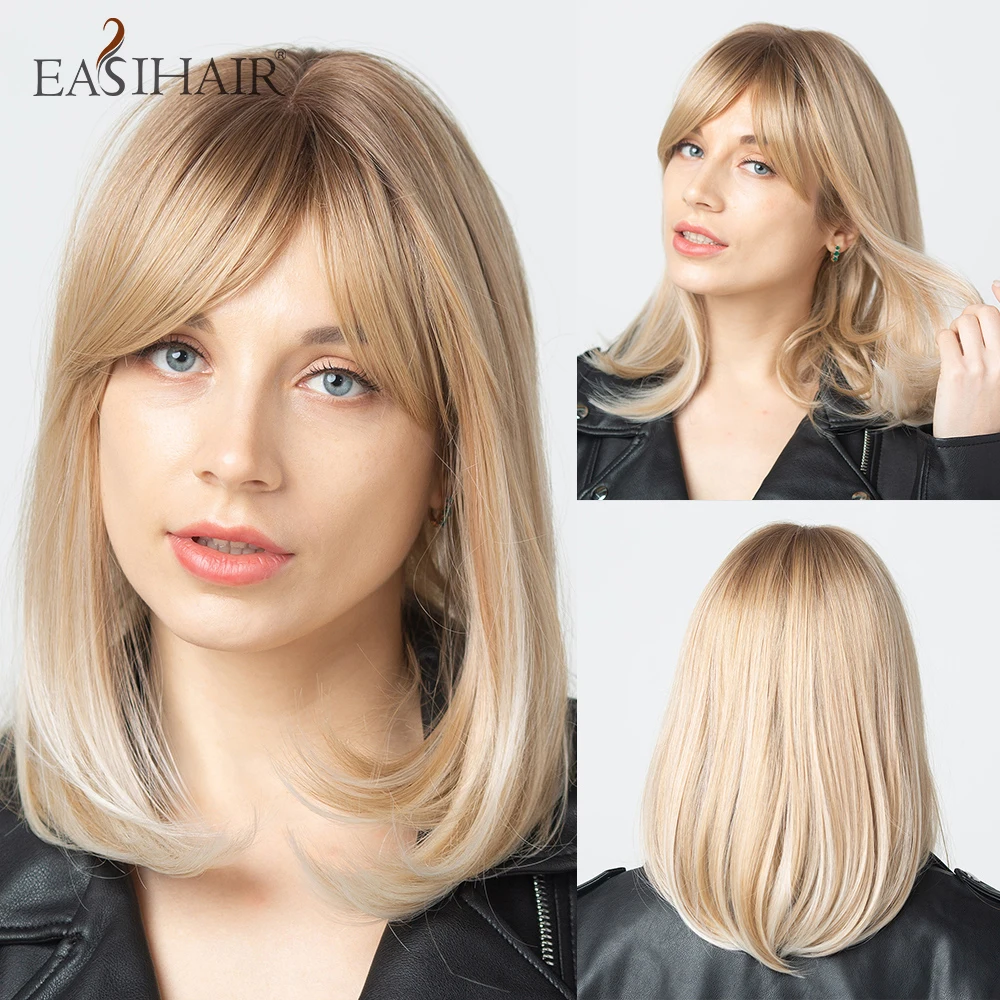 

EASIHAIR Blonde Ombre Wigs Synthetic Hair Wigs for Women Natural Bob Wigs with Bangs Heat Resistant Cosplay Wig Cute