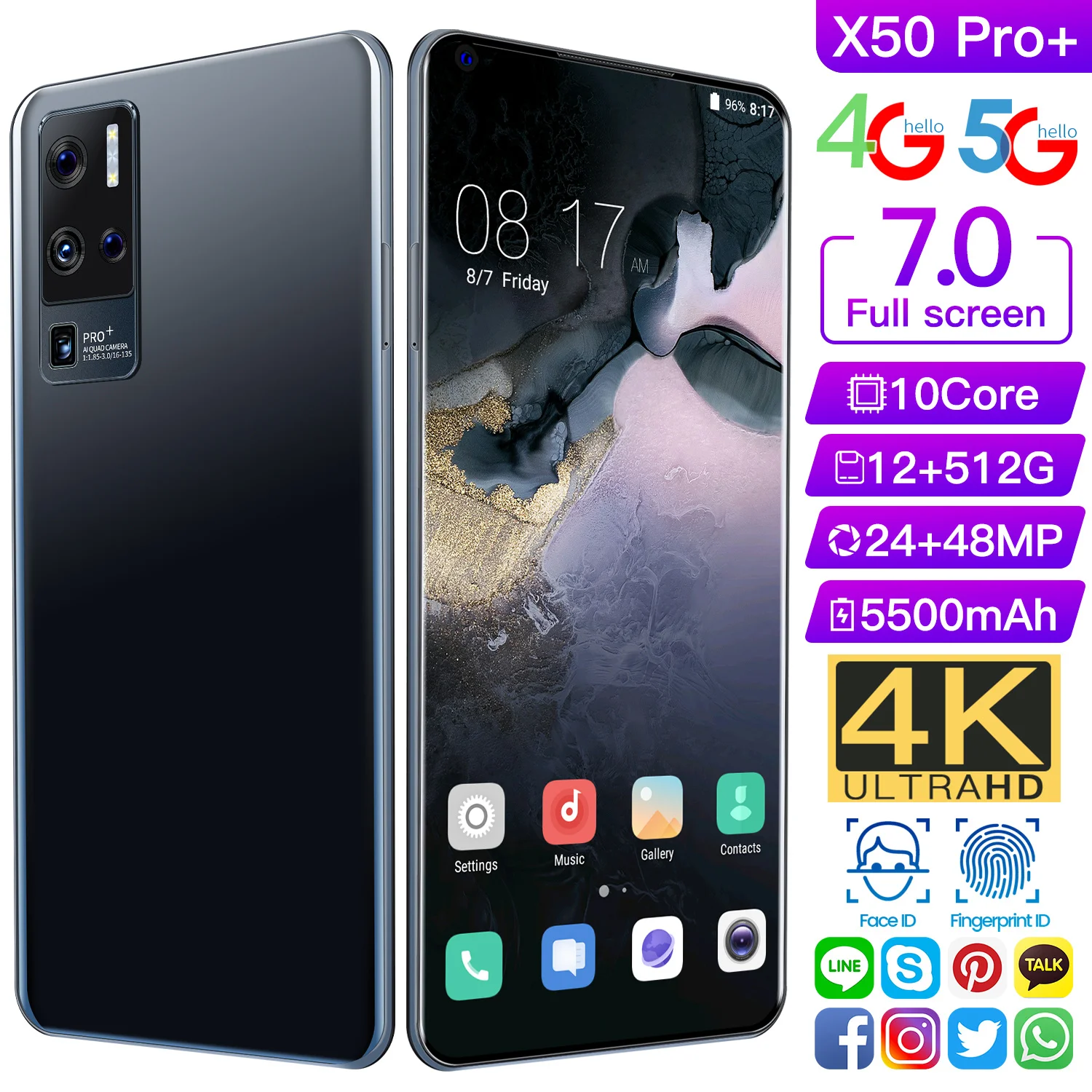 

2021 New 7.0-inch Left Digging Screen 5G Smartphone with 12GB+512GB Large Memory for Vivo X50 Pro+ Huawei Samsung Mobile Phone