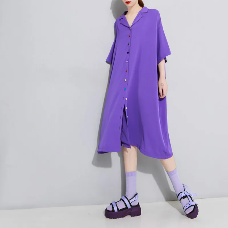 

Summer Dress 2020 New Female Oversize Style Colorful Buttons Lapel Loose Dress Women Casual Black/Purple Shirt Dress Streetwear