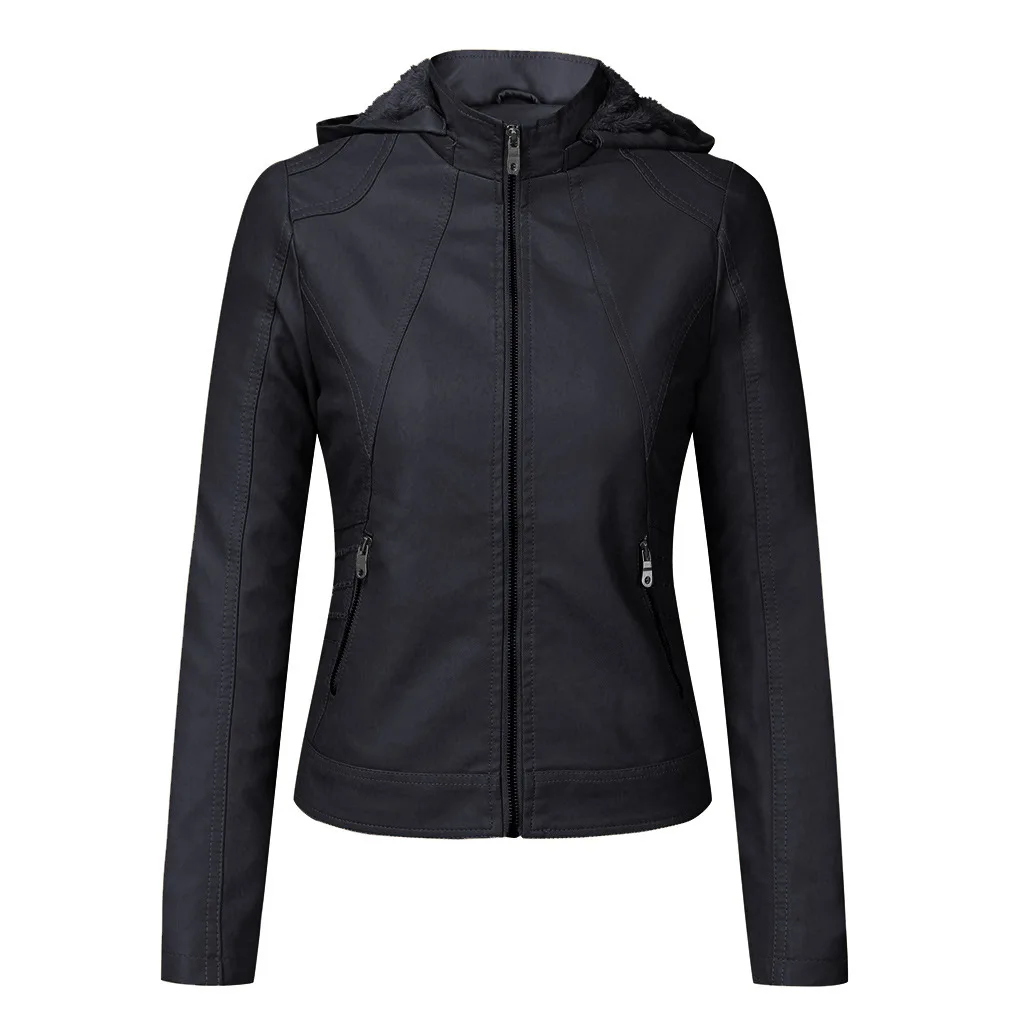 

M-XXL Fashion Hooded PU Leather Jacket Women Autumn Winter Fur Liner Warm Biker Jackets Female Slim Fit Short Faux Leather Coats