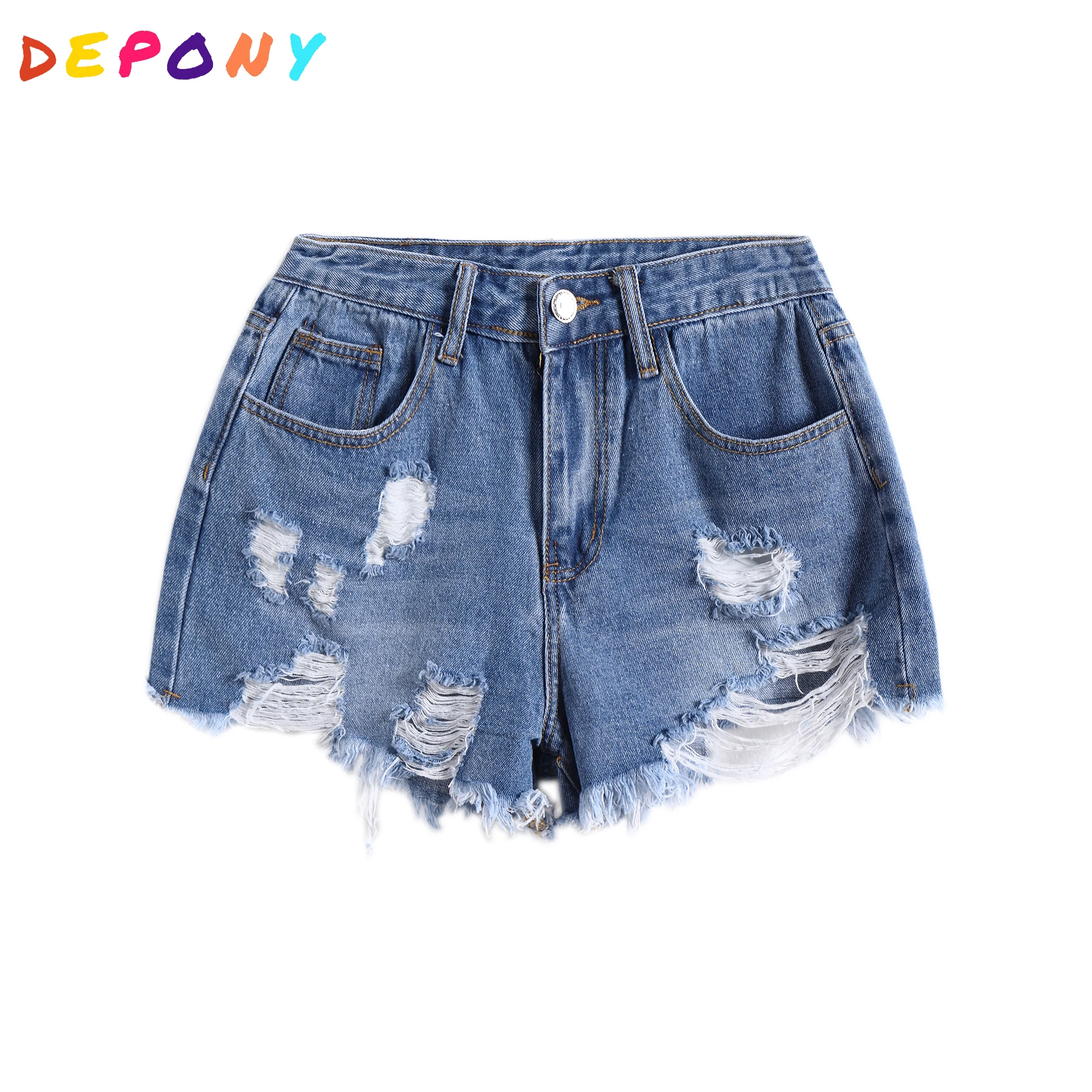 

2020 DEPONY Summer women denim shorts ripped hole high waist ripped jeans short sexy wide leg plus size