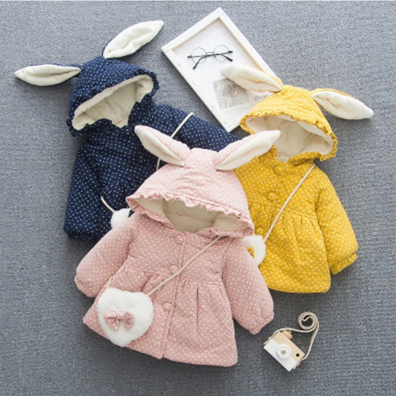 Пальто для маленьких девочек хлопковые пальто в горошек с заячьими ушками От 1 до