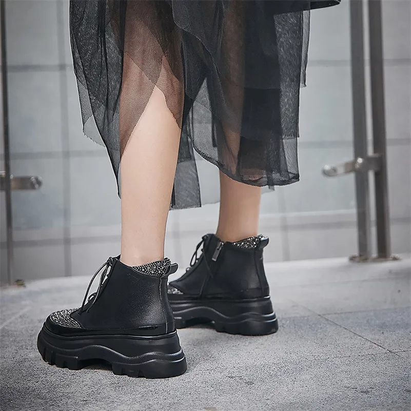 FEDONAS Winter Basic Women Ankle Boots Rhinestone Casual Platform Shoes Woman Genuine Leather High Heeled Party Short Boots