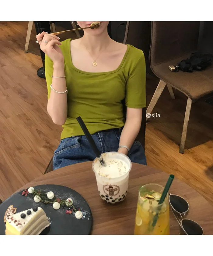 

Women's Short Sleeve Square Collar T Shirts Slim Thin Fit Sexy Casual Solid Short Style Tops Tee T Shirt Vintage Female Ladies