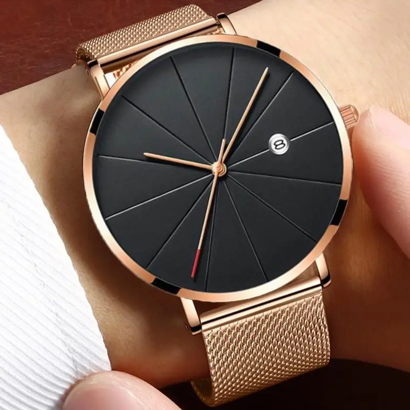 

Mens Watches Ultra-thin Stainless Steel Watch Sports Leisure Quartz Wristwatch Complete Calendar Date Clock Masculino Relogio
