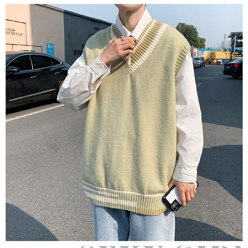 

Men Sweater Vests Couple Preppy Oversize Cozy All-match Knitted V-neck Sweaters Sleeveless Young Spring New Daily Simple Vest