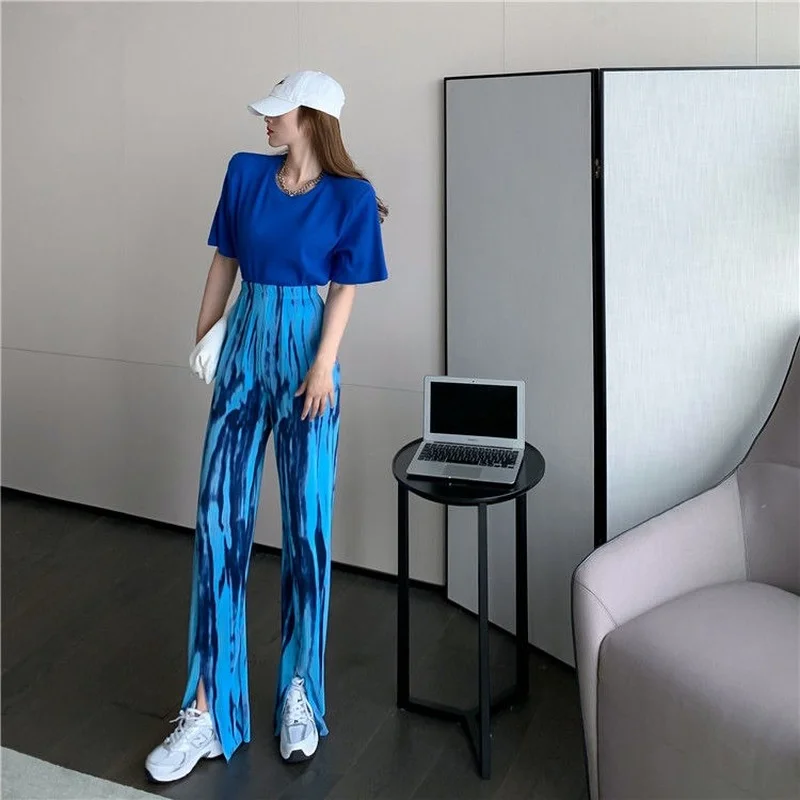 Длинные повседневные женские брюки плиссированные прямые с завязкой в Корейском