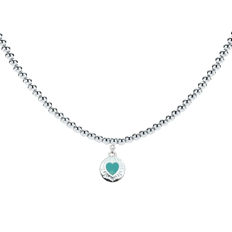 

Hot Fashion Enamel Heart-shape Round Pendant 4mm Bead Necklaces for Women Valentine Gift S925 Sterling Silver 1:1 LOGO Jewelry