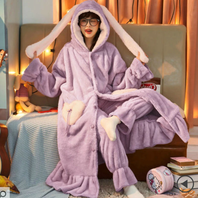

Pajamas Women Autumn and Winter Thickened Plus Velvet Long Coral Velvet Pajamas Cartoon Plus Size Two-piece Flannel Home Service