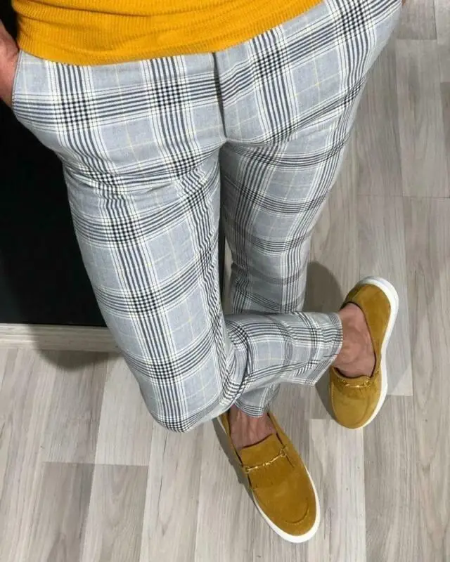 

Men Dress Pants 2020 Mens Skinny Casual Trousers Slim Fit Business Men Suit Pants High Quality Formal Plaid Pants
