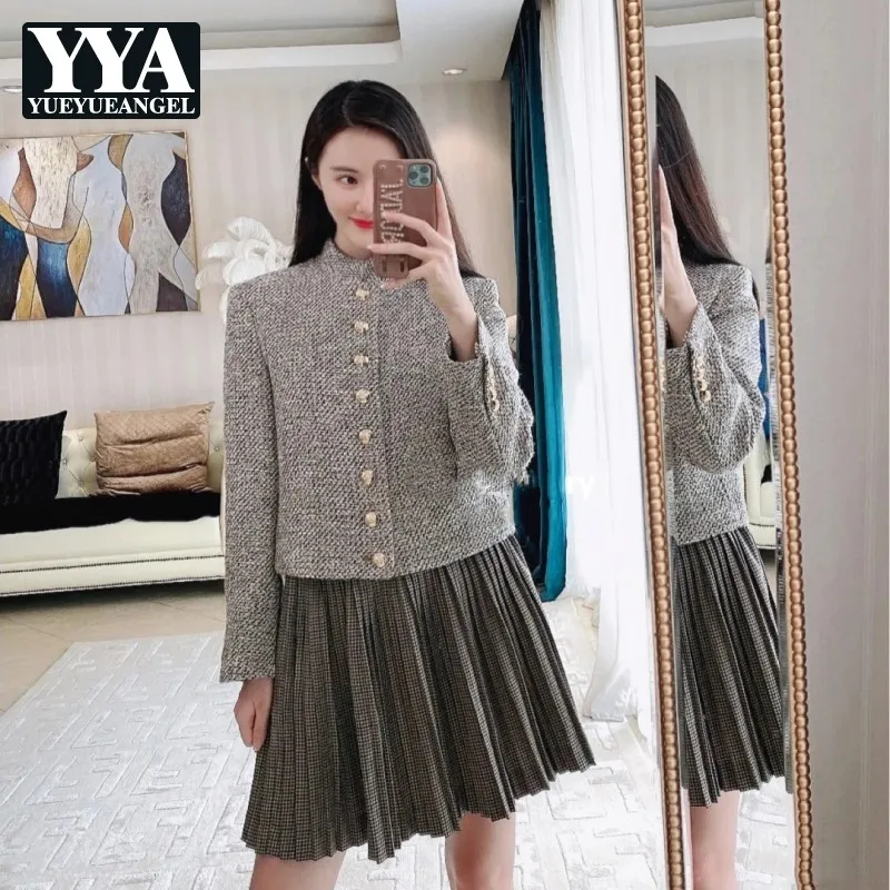 

Женский винтажный трикотажный пиджак, элегантный твидовый однобортный жакет в английском стиле с воротником-стойкой, облегающая верхняя о...