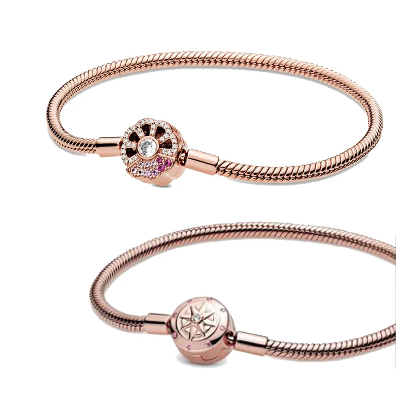 

Pre-Autumn2020 New 925 Sterling Silver Bracelet Moments Compass Pink Fan Clasp Snake Chain Bracelet for Women Charm Jewelry Maki