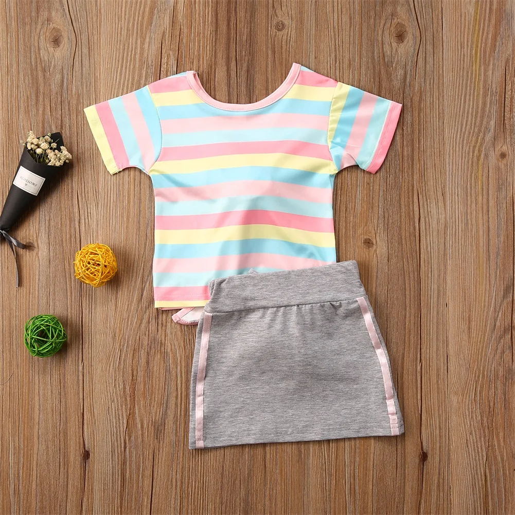 

2020 2PCS Toddler Kids Baby Girl Clothes Sets Rainbow Striped Princess Tops T-shirt Mini Skirt Outfits