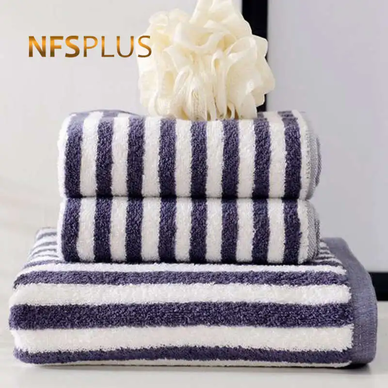 

3PCS/SET Bathroom Towel Set 100% Striped Bath Towel and 2 Face Towels for Adults Terry Washcloth Travel Beach Sport Towel