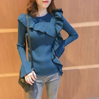 sweet temperament two color ruffled long sleeved shirt autumn and winter new asymmetric ruffled bell sleeve sweater women