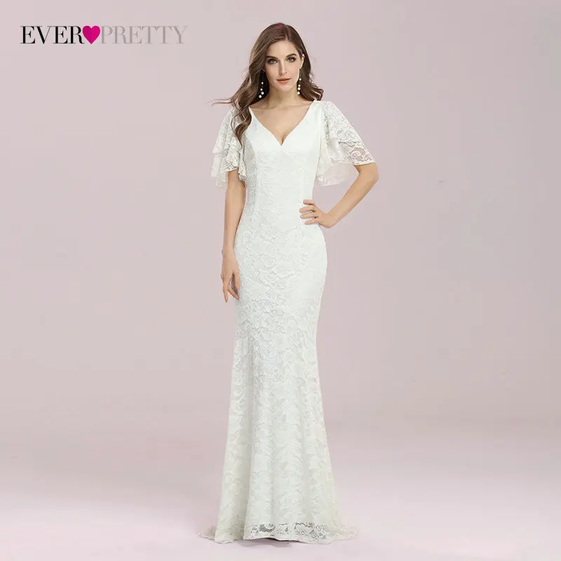 

Black Lace Long Wedding Dresses Women Elegant V-neck Flare Sleeve Mermaid Ever Pretty Floor-length Robe De SoirÃ©e De Mariage