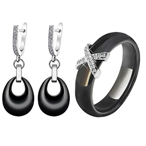 Black Set Ювелирные наборы для костюма, черный, белый, розовый, подвеска в виде капли воды, ювелирные изделия, серьги X Крест, кольца для женщин, свадебные ювелирные изделия с кристаллами - Окраска металла: Black Set