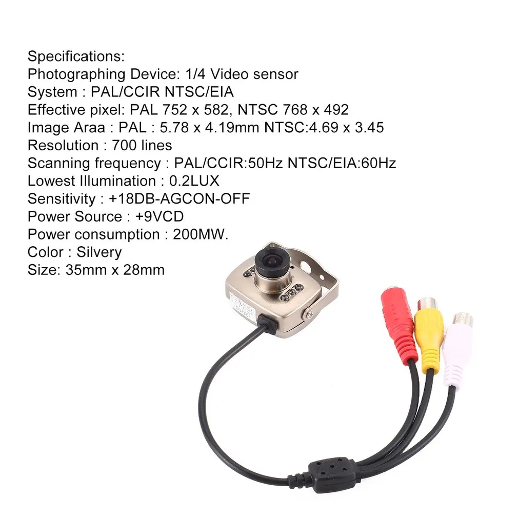 Серебристая ИК Проводная Мини-камера видеонаблюдения с цветным ночным видением