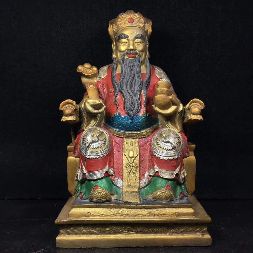 

11"Tibet Buddhism Temple Old Bronze Painting Sit on the dragon chair Ruyi God of Wealth Buddha Statue Implication Lucky fortune