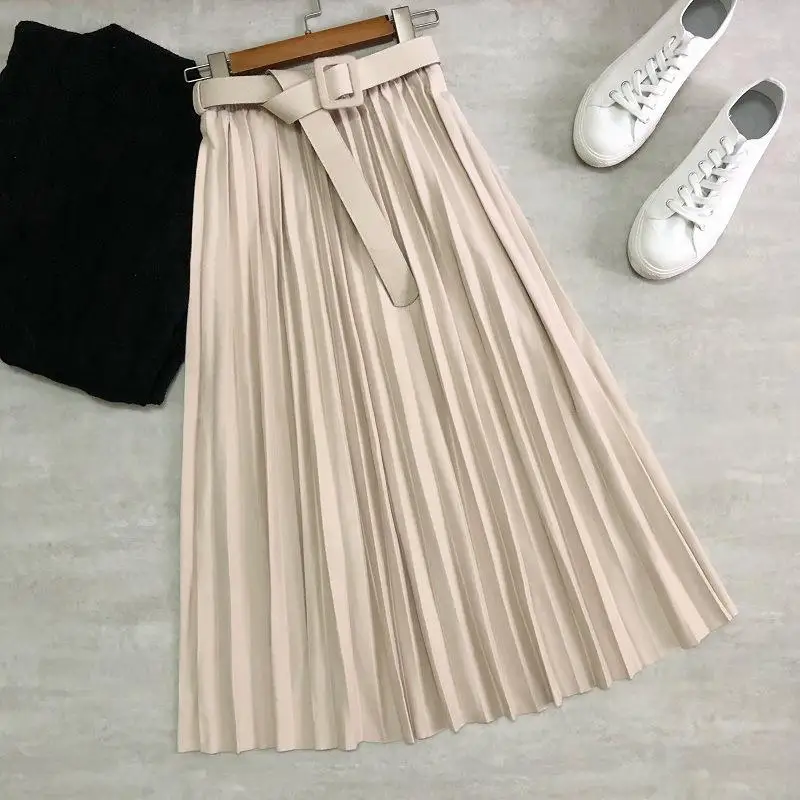 

Auutmn Spring High Waist Women Skirt Casual Vintage Solid Belted Pleated Skirts Lady Solid Color Fashion Saia Mujer Faldas