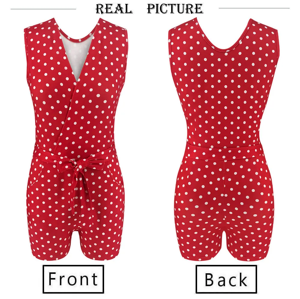 Женский комбинезон боди с бантом шорты v образный вырез без рукавов красный белый