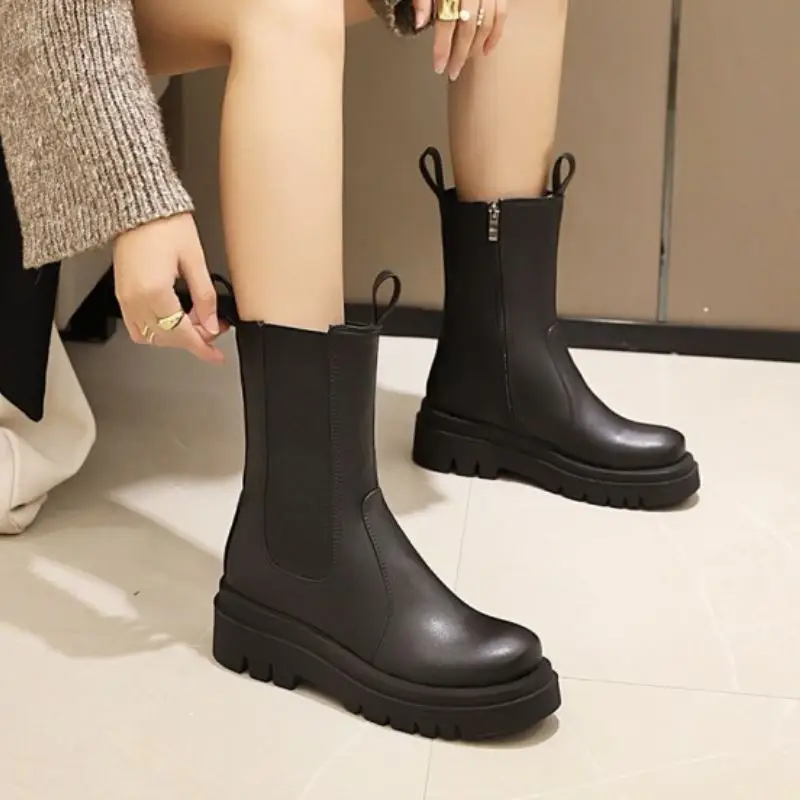 

Coolcept Size 34-43 Women Mid Calf Boots Mixed Color Round Toe Slip On Shoes Winter Warm Boots Women Fashion Daily Footwear