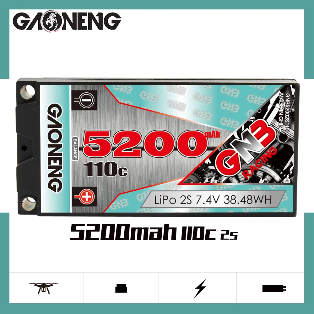 Gaoneng GNB 2S 5200mAh 7.4V 110C 5.0mm Bullet Hardcase Shorty LiPo Battery See Through for 1/10 RC Drift Car MST Cherry D5 D5M