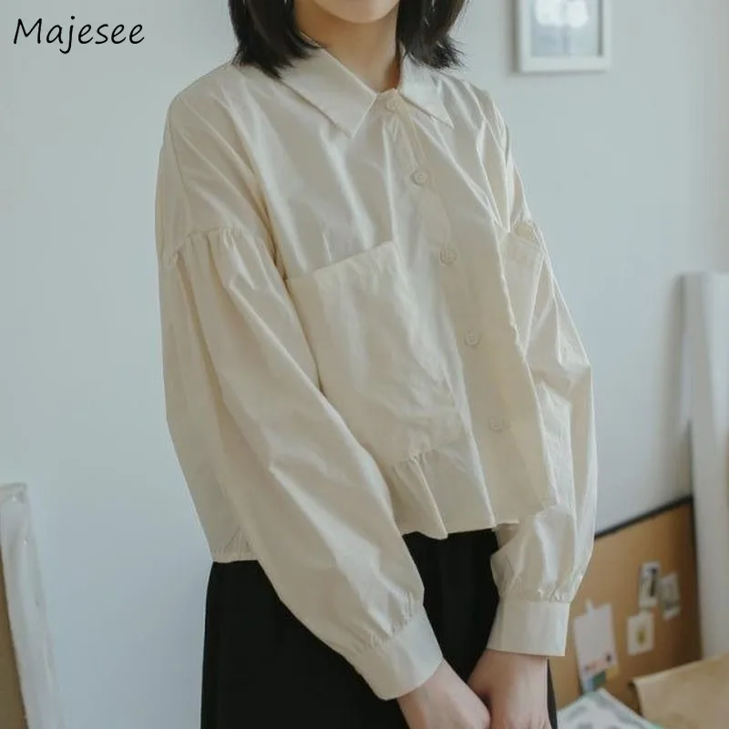 

Shirts Women Turn-down Collar Pockets Solid Korean Style Students Cute Ladies Tops Loose Casual Retro All-match Harajuku Fashion