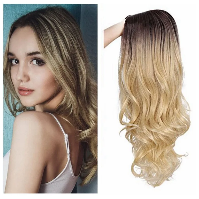 

Long Wavy Synthetic Hair Ombre Blonde Wigs For Black and White Women High Density Glueless Cosplay Party Wigs