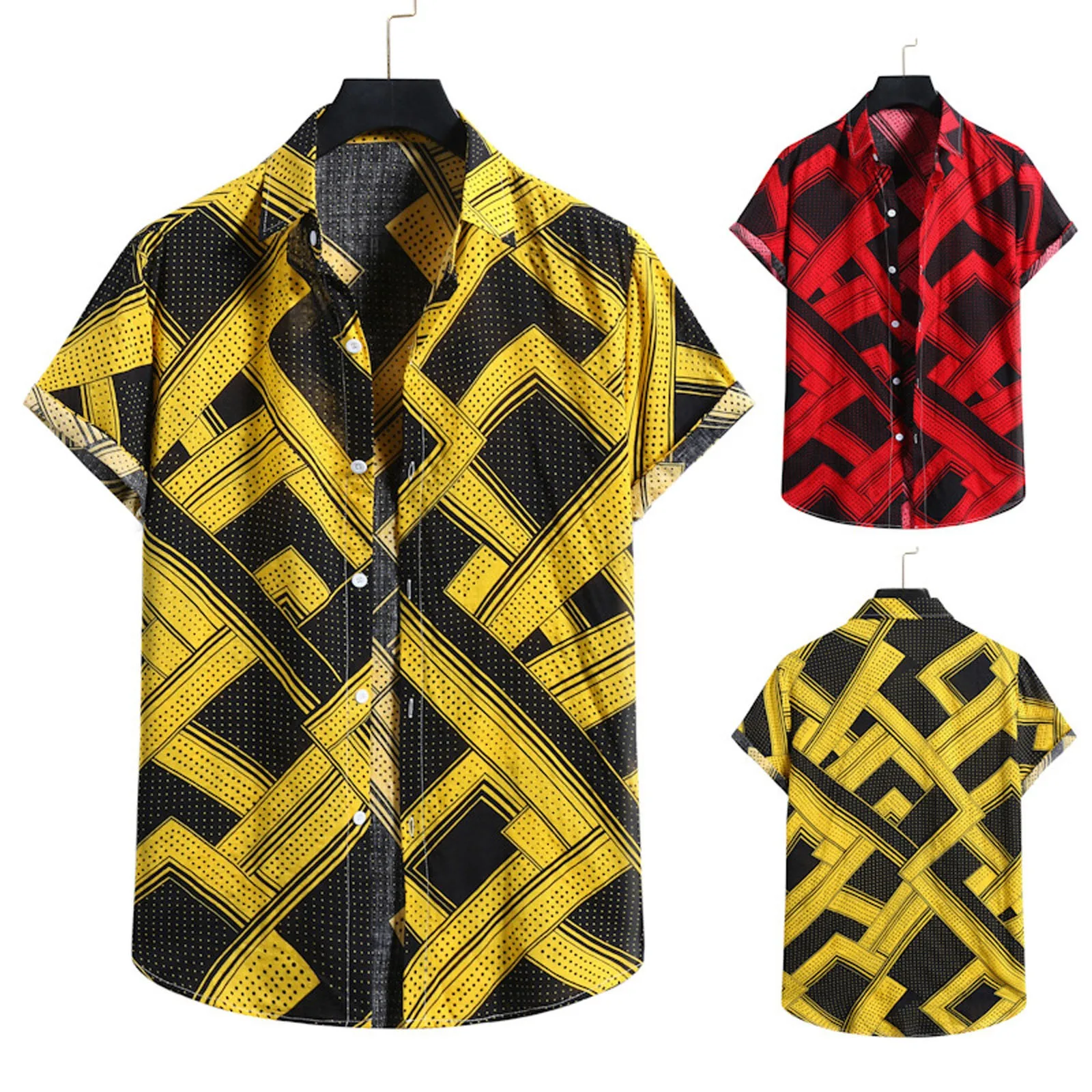 

Diamond Square Print T-shirt Summer men diamond casual short-sleeved shirt Hawaii tidal brand yellow shirt Мужские рубашки