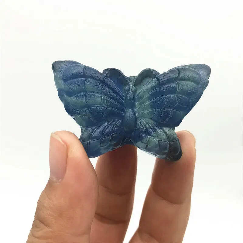 

1pc Hand Carved Natural Blue Fluorite Quartz Rock Crystal Animals Butterfly Healing Natural Quartz Crystals