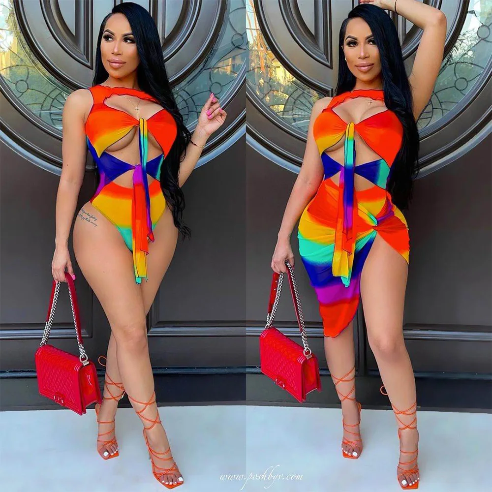 

2021 Europe and The United States New Women's Summer Fashion Sexy Rainbow Stripes Hollow Twisted Split Two Piece Suit