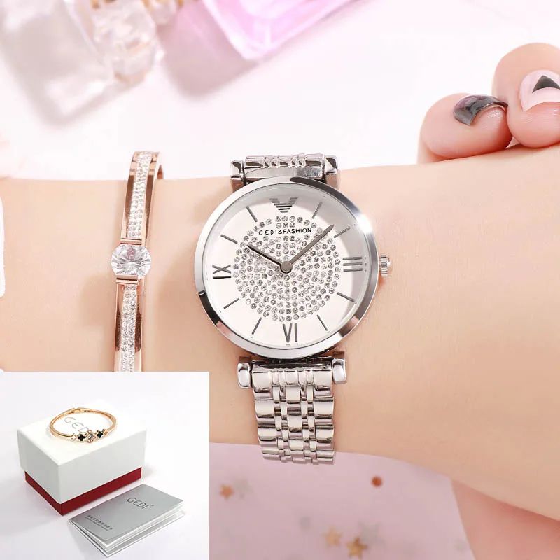 Silver box ЖЕНСКИЕ НАРЯДНЫЕ часы GEDI, роскошные часы с кристаллами, кварцевые часы для девушек, роскошные женские наручные часы из нержавеющей стали, часы reloj mujer - Цвет: Silver box
