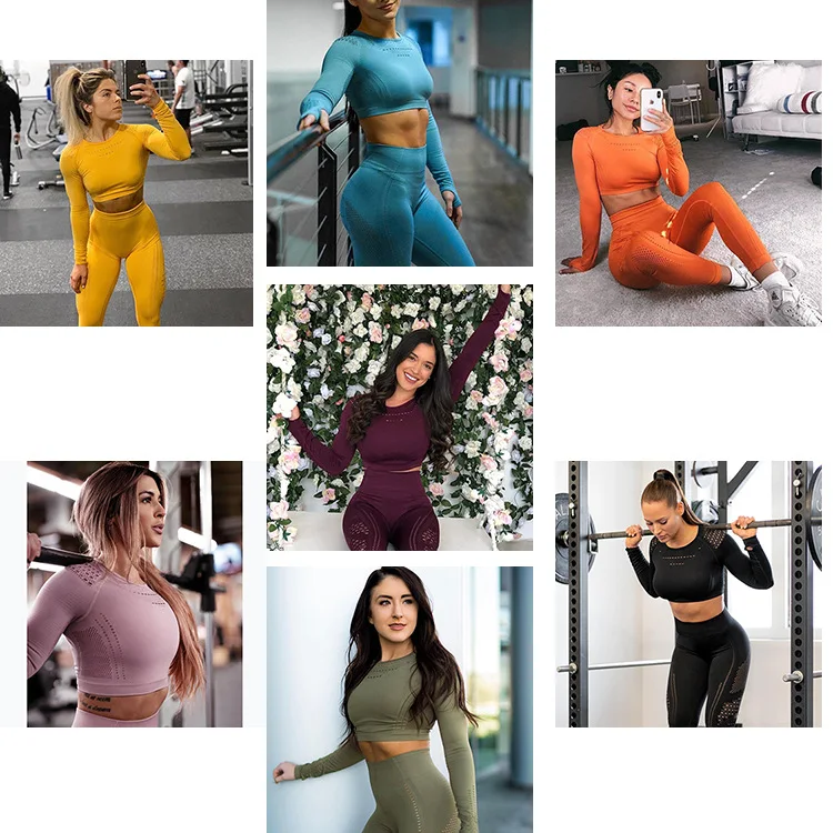 Seamless Sport Suit Long Sleeve Crop Top High Waist Scrunch Butt Leggings Hollow out Workout Gym Fitness Yoga Set |