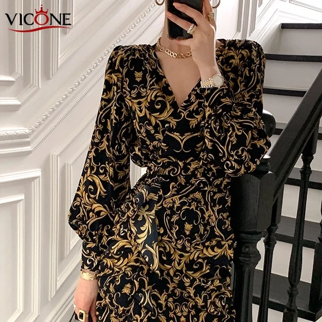 

VICONE Chic Retro Women Summer Dress 2021 Casual Long Sleeve Boho Floral Print Dress Bandage Elegant Dresses