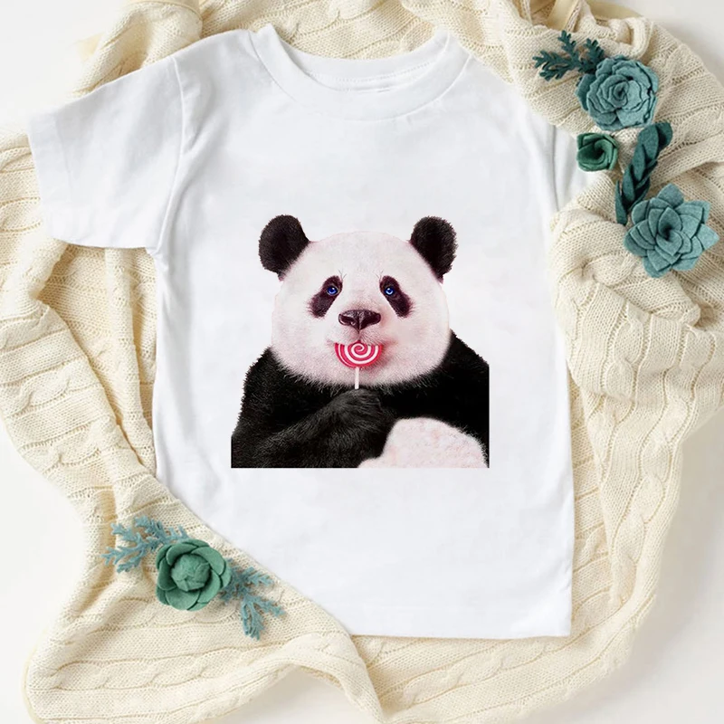 Panda de nuevo gracioso chicas Kawaii ropa Streetwear ni&ntilde;os camisas cuello redondo Ni&ntilde;a Tops Casual de dibujos animados ni&ntilde;os camiseta de moda-0