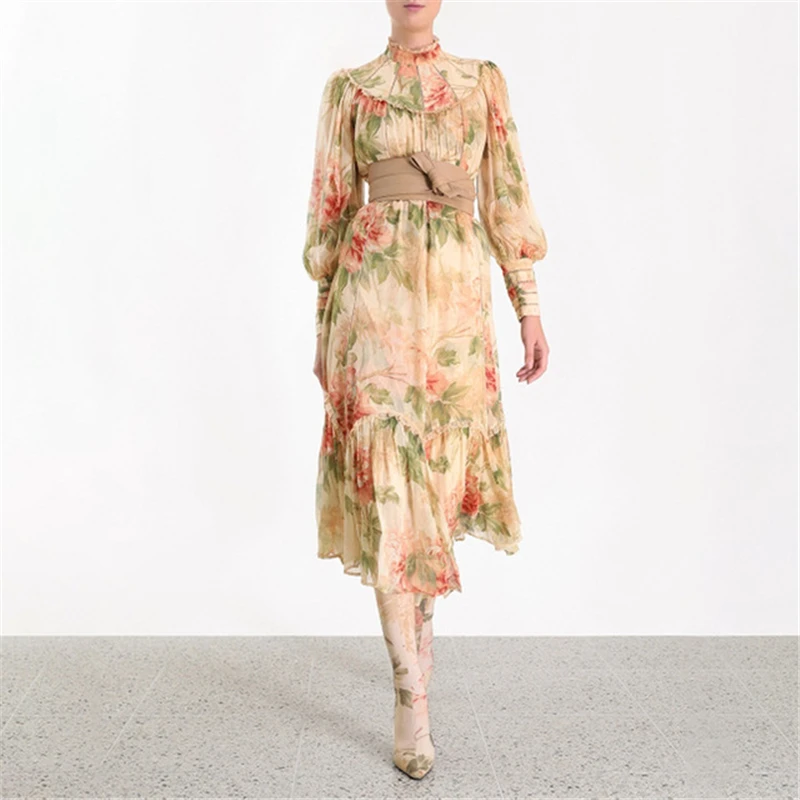 Женское платье с цветочным принтом пышное рукавом-стойкой и бантом новинка 2019 |