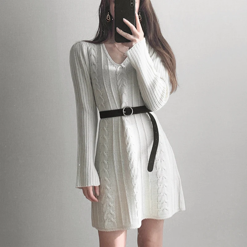 Корейский Ins элегантный похудения v образный вырез твист трикотажное платье