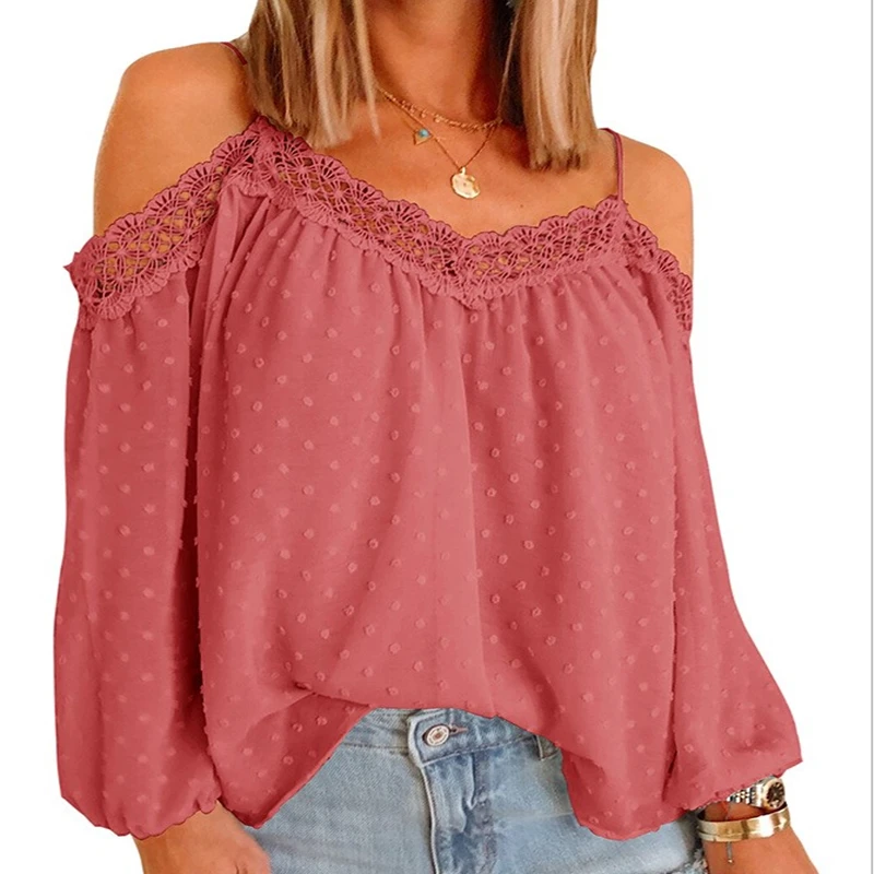 

Women's Blouse Spring Autumn Patchwork Lace Off Shoulder Long Sleeve Shirts Women's Clothing 2021 Casual Loose Blusas Femme Tops