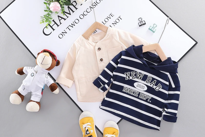 HYLKIDHUOSE Toddler Infant Clothing Sets 2020 Spring Baby Boys Casual Clothes Stripe Hooded T Shirt Coats Jeans 3-piece Set |