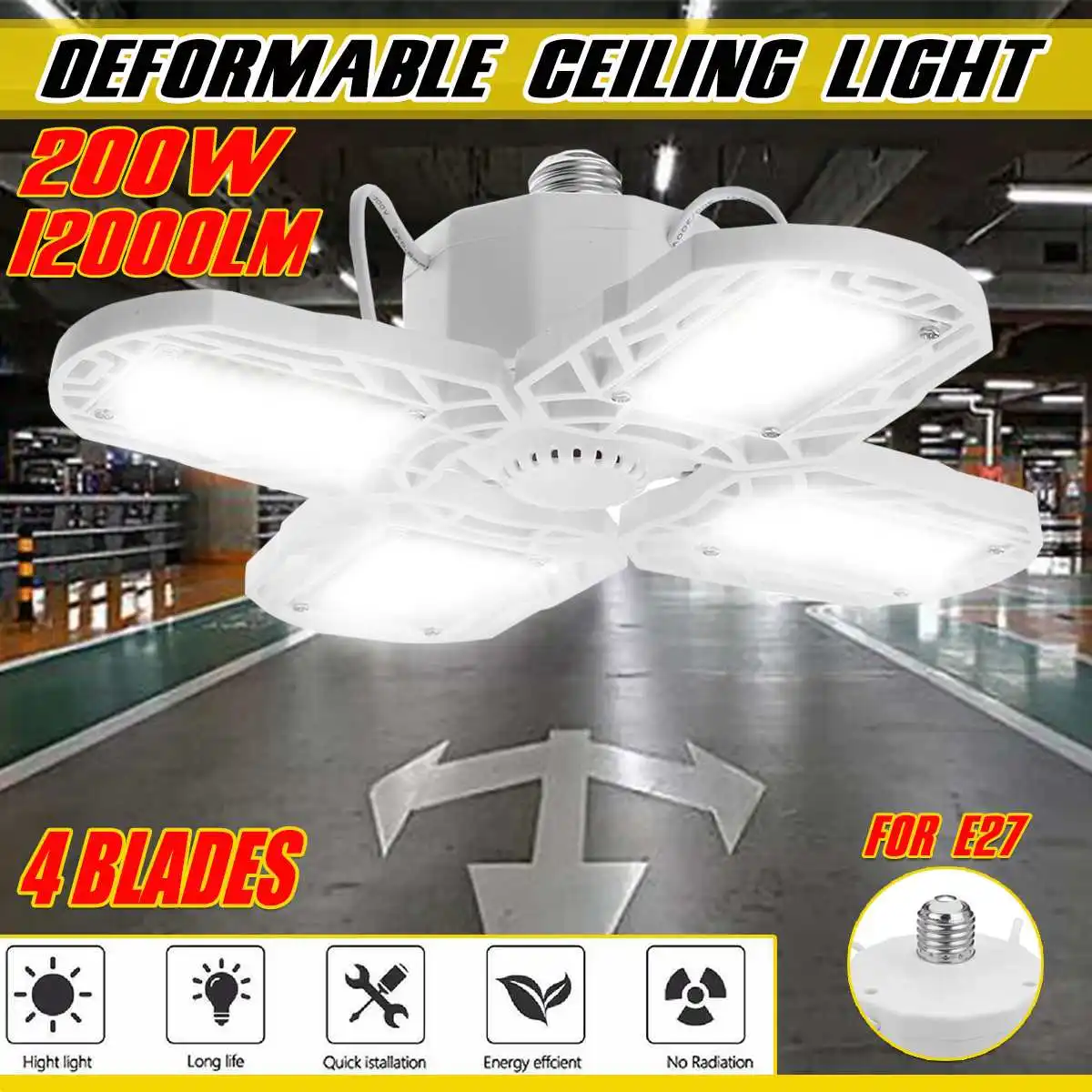 

Deformable LED Garage Light 150/200W Foldable Ceiling Fan Light Indoor E27 Blade Bulb for Home Warehouse Workshop High Bay Light