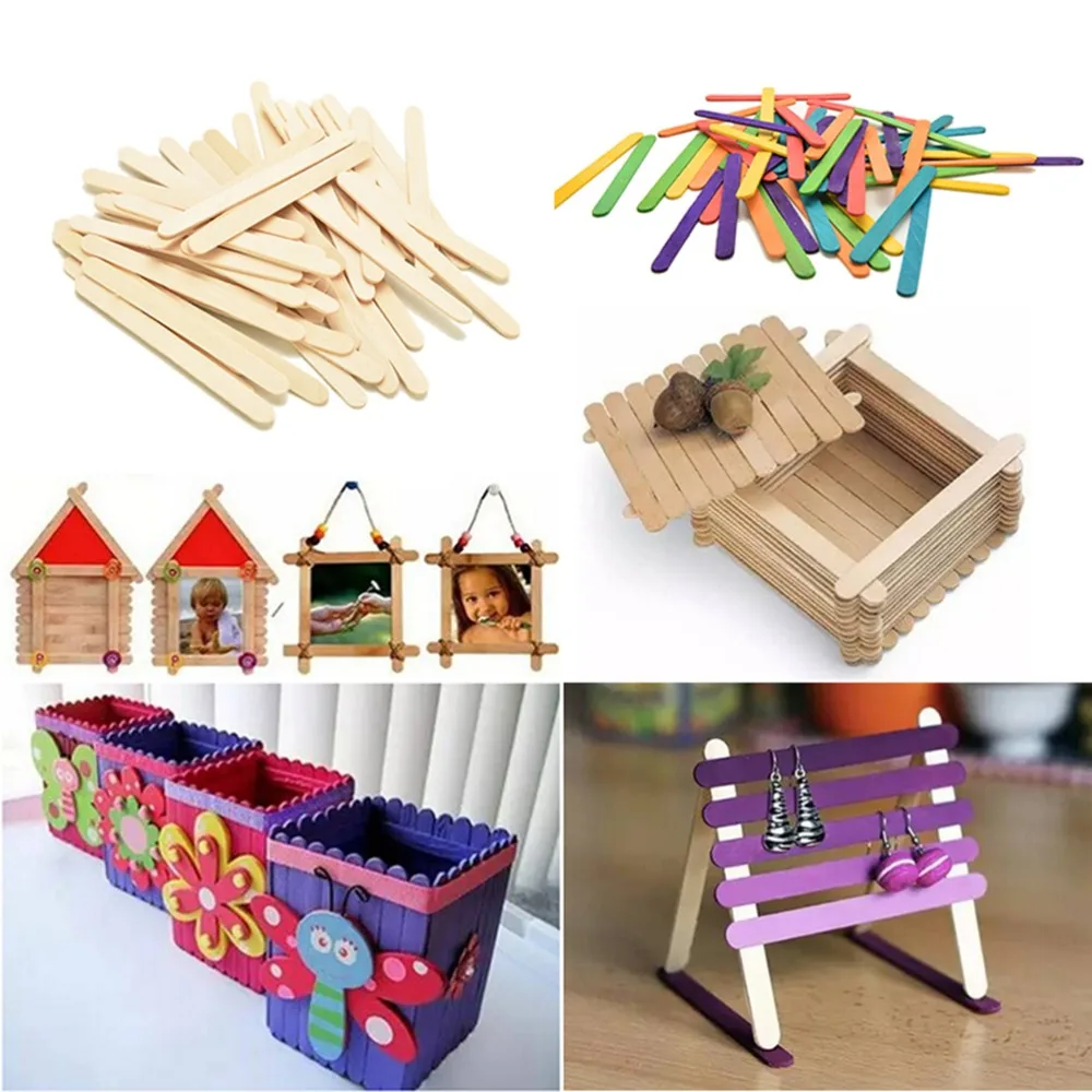 

50pcs Wooden Popsicle Stick Kids Hand Crafts Art Ice Cream Lolly Cake DIY Making Funny Gift Baby Shower Birthday Decor Supplies