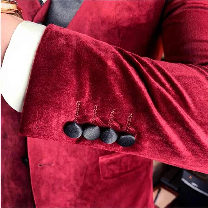 (Куртка + жилет брюки) 2019 высококачественные бархатные блейзеры Мужские костюмы