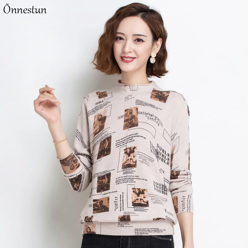 

Print Women Sweater Long Sleeve O Neck Knitted pullover Fashion Loose Tops Women Clothes Soft Jumper Sweater Women