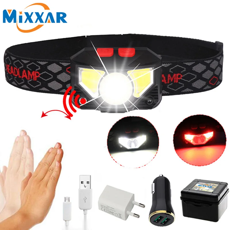 

ZK20 датчик движения Индуктивный светодиодный светильник налобный фонарь перезаряжаемый встроенный аккумулятор Головной фонарь красный ры...