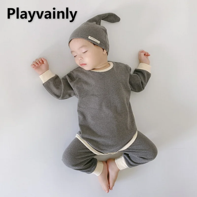 2021 nuevo oto&ntilde;o ni&ntilde;os pijamas para chicos y chicas 3-pcs conjuntos Color caramelo Bodi de manga larga + polainas + gorra de algod&oacute;n reci&eacute;n nacido Ropa E0318-0