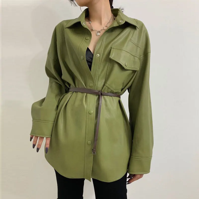 

2021 New Spring and Autumn Women Retro Mid-long PU Jacket Loose Faux Leather Single-breasted Long-sleeve Jacket NS2539