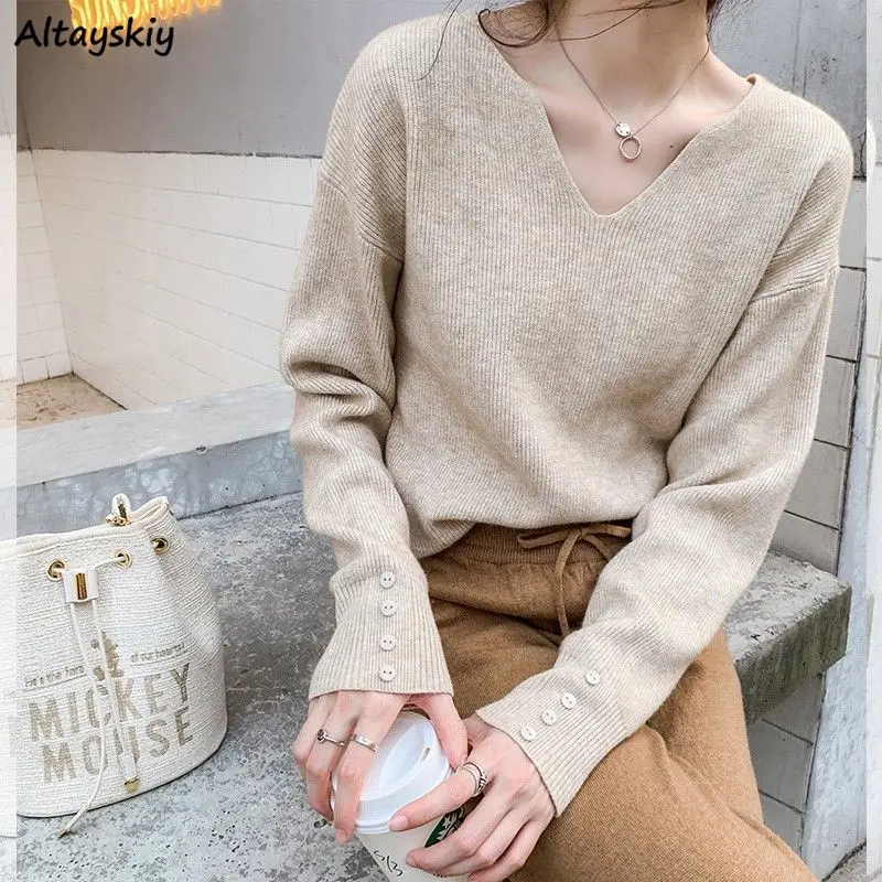 

Women Pullovers V-neck Temperament Loose Sweaters OL Spring Autumn Bottoming Knitwear Korean Ulzzang Long Sleeve Jumpers Female